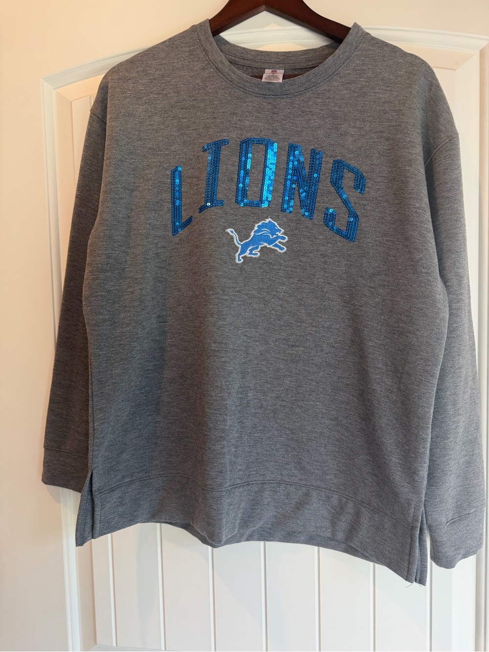 Official Licensed NFL Detroit Lions Sweatshirt with Blue Sequin. Bling & Glam!